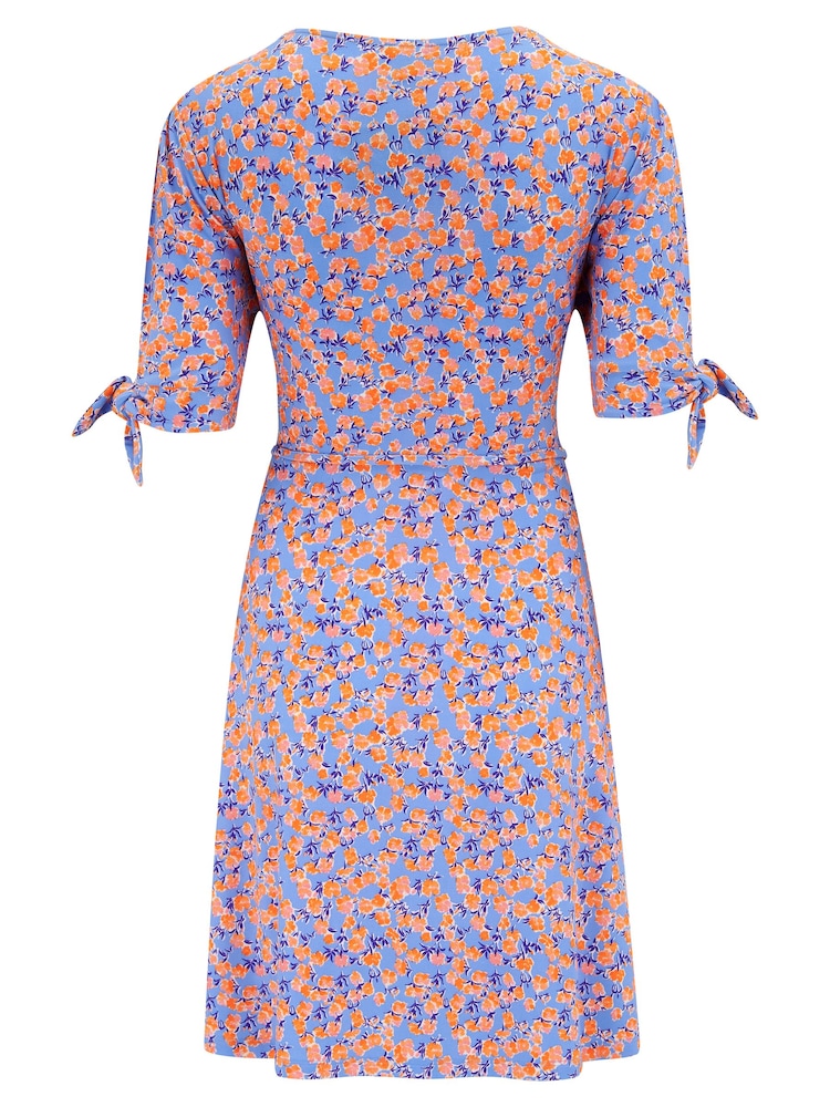 Pour Moi Pink Multi Floral Bella Fuller Bust Slinky Stretch Tie Sleeve Mini Dress - Image 4 of 4
