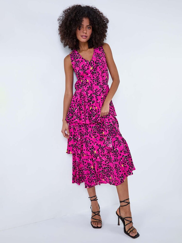 Dusk Pink Animal Print Frilled Midi Dress - Image 1 of 5