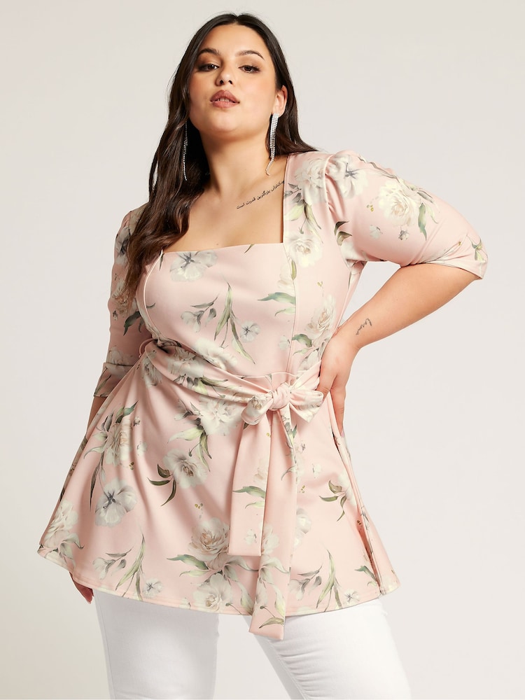 Yours Curve Pink Floral Print Square Neck Top - Image 1 of 2