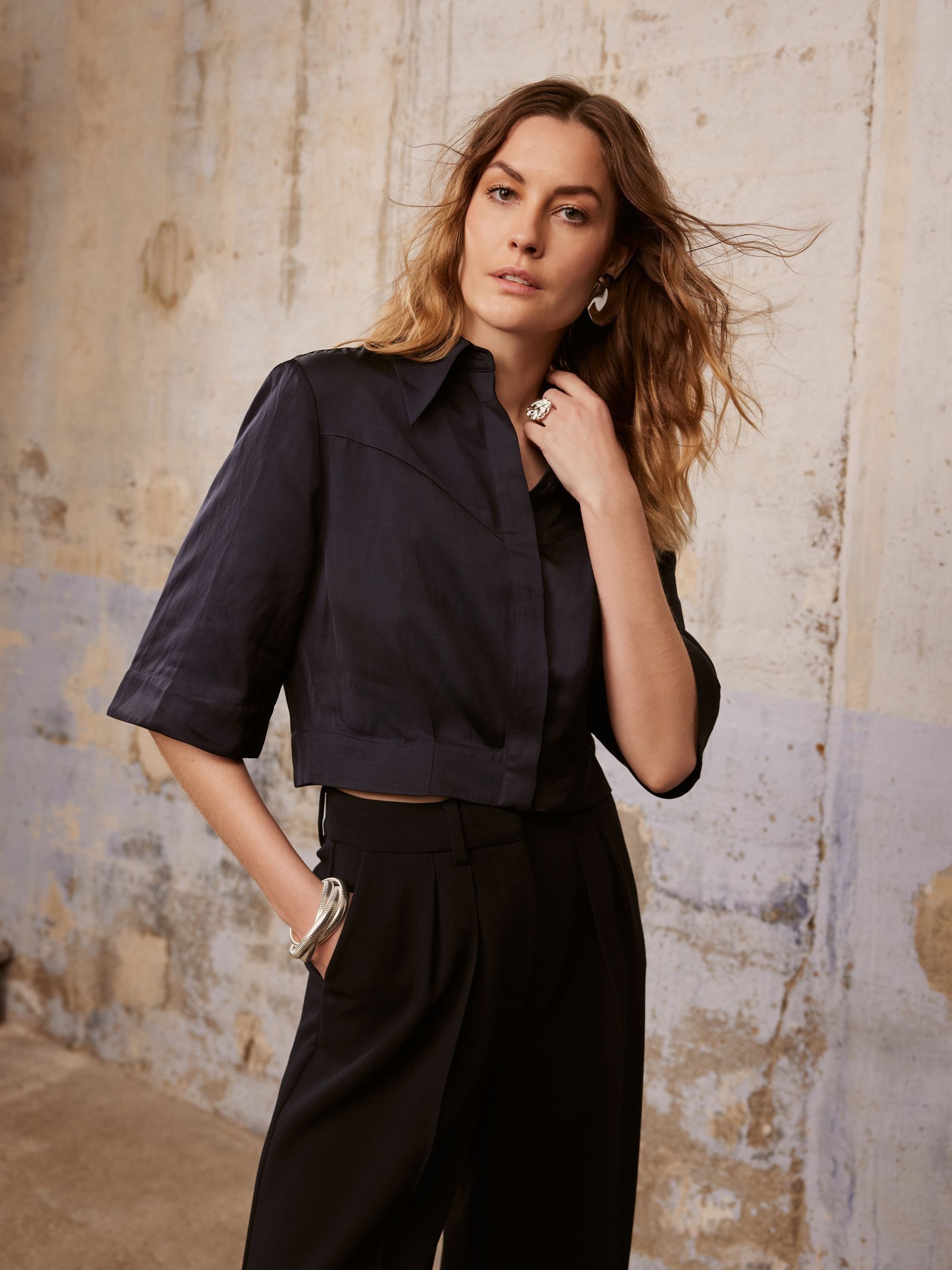 Buy Mint Velvet Blue Navy Coated Cropped Shirt from Next Luxembourg