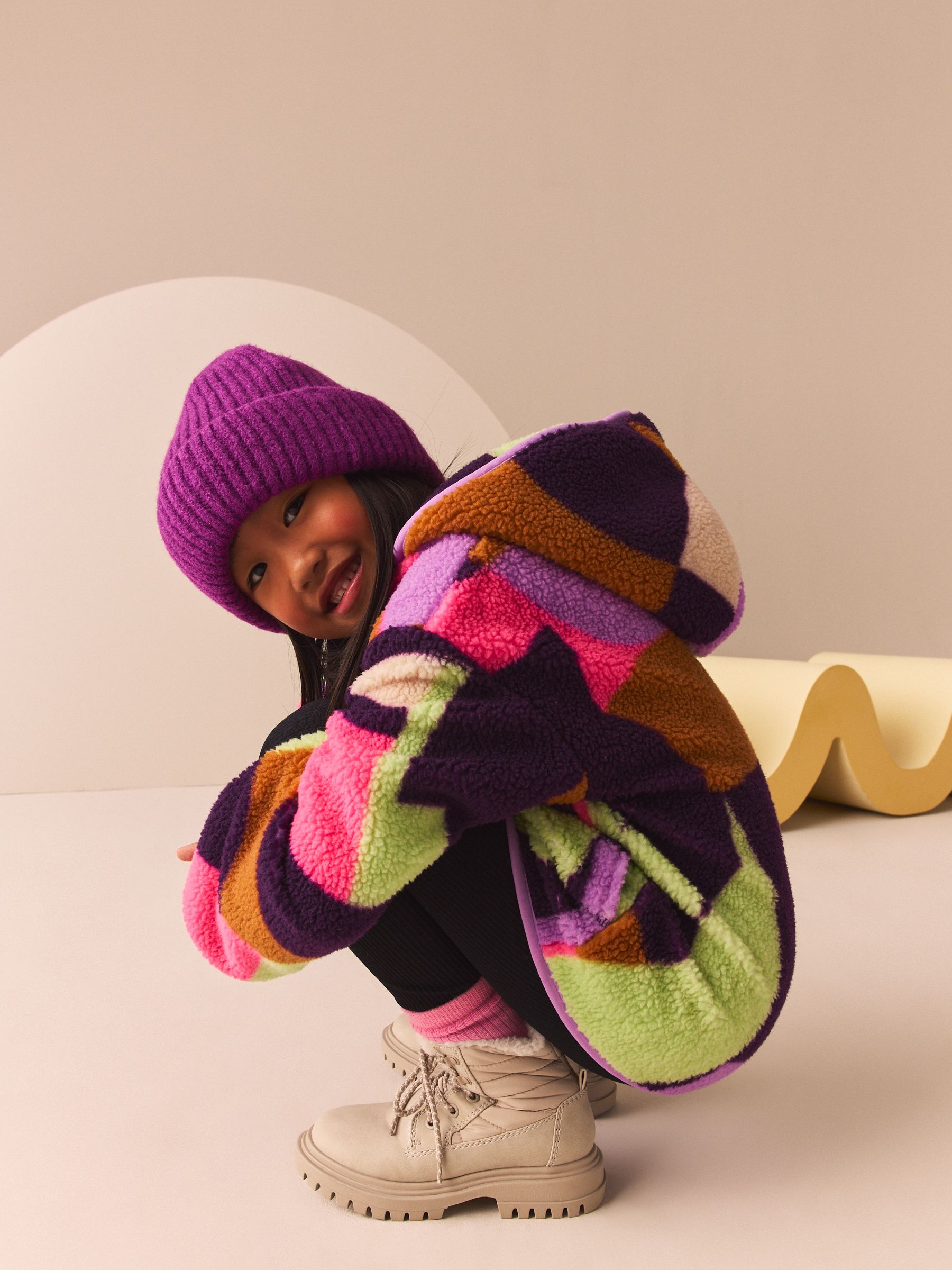 Buy Purple Multi Borg Fleece Hooded Jacket (3-16yrs) from Next