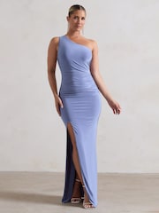 Club L London Blue Ethereal One Shoulder Ruched Split Maxi Dress - Image 1 of 5