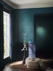 Graham & Brown Blue Hartley Damask Wallpaper Sample - Image 1 of 3