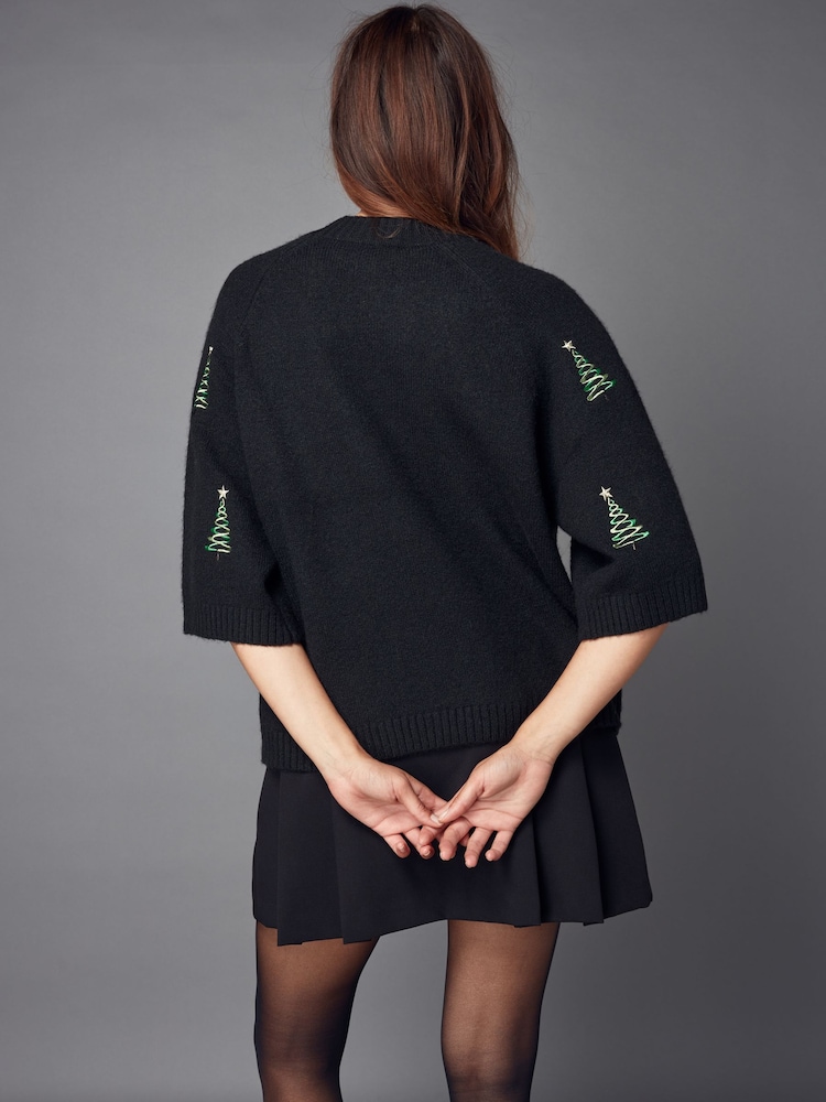 Black Christmas Tree Short Sleeve Knitted Christmas Jumper - Image 2 of 6