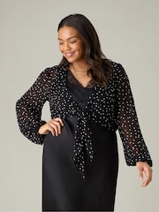 Live Unlimited Black Curve Petite Mono Spot Print Tie Front Cover-Up - Image 1 of 6
