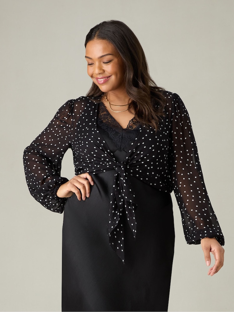 Live Unlimited Black Curve Petite Mono Spot Print Tie Front Cover-Up - Image 1 of 6