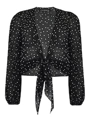 Live Unlimited Black Curve Petite Mono Spot Print Tie Front Cover-Up - Image 5 of 6