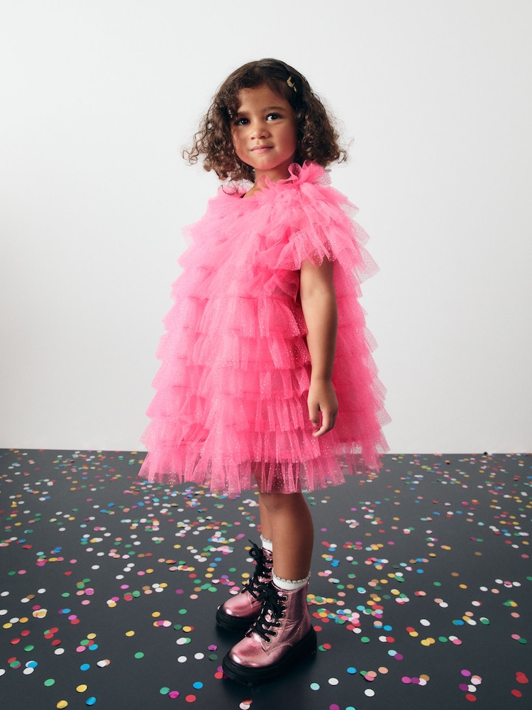 Bright Pink Sparkle Ruffle Mesh Dress (3mths-8yrs) - Image 1 of 10