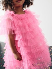 Bright Pink Sparkle Ruffle Mesh Dress (3mths-8yrs) - Image 6 of 10