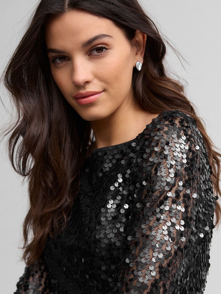 Black Sequin Sequin Long Sleeve Mini Dress - Image 5 of 7