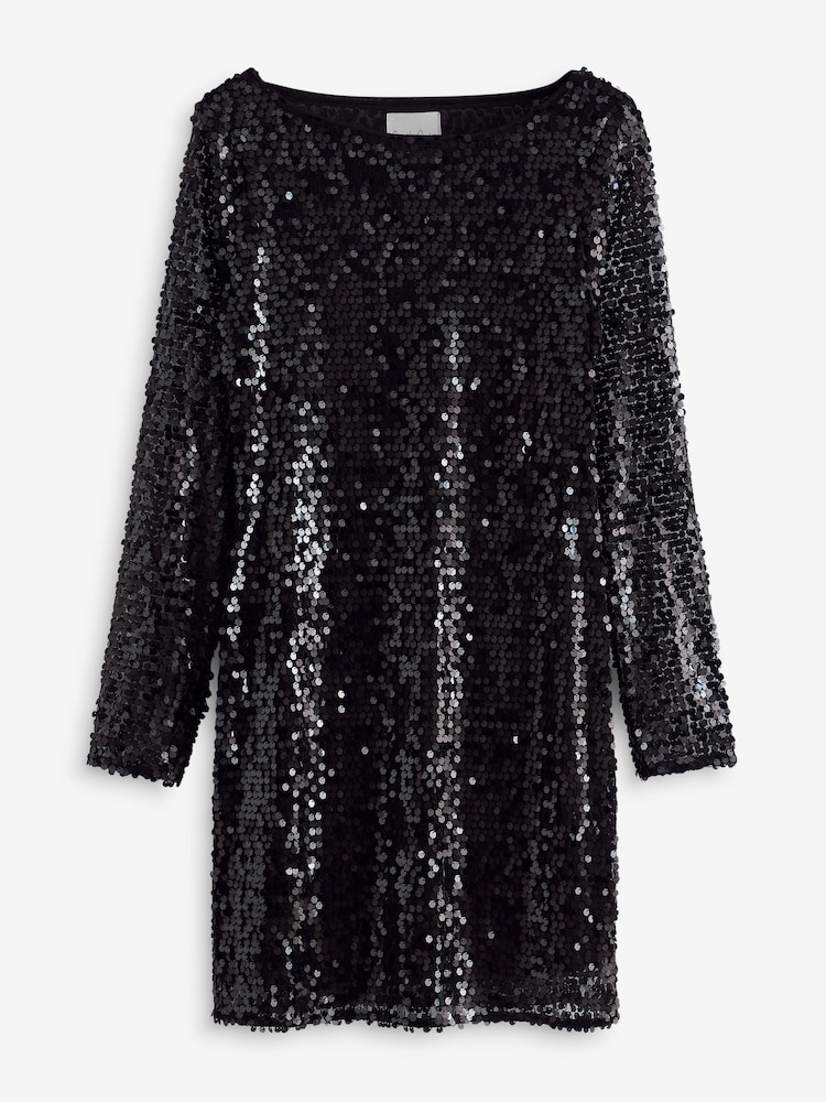 Black Sequin Sequin Long Sleeve Mini Dress - Image 6 of 7