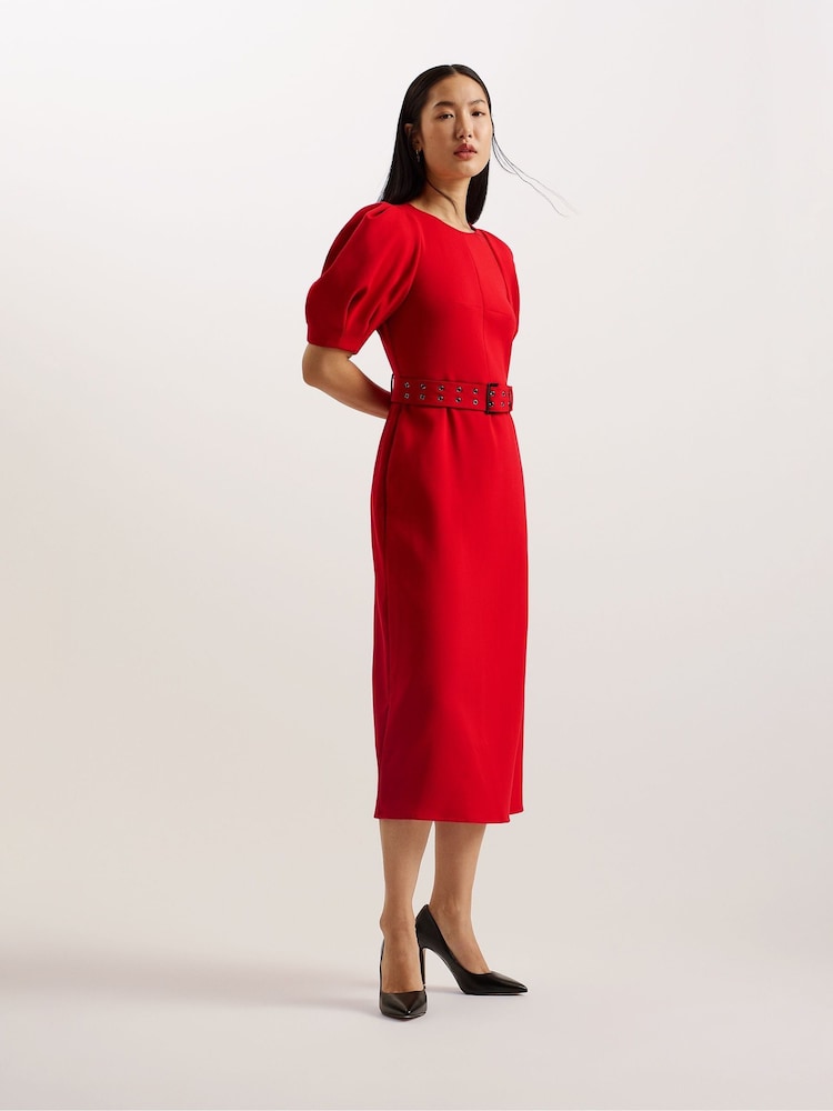 Ted Baker Red Gabyela Puff Sleeve Midi Dress With Belt - Image 1 of 5