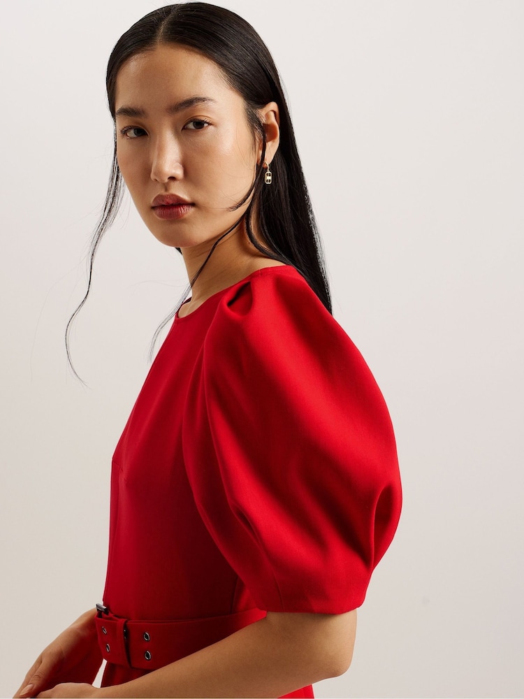 Ted Baker Red Gabyela Puff Sleeve Midi Dress With Belt - Image 2 of 5