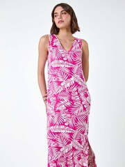 Roman Pink Leaf Print Stretch Midi Dress - Image 4 of 5