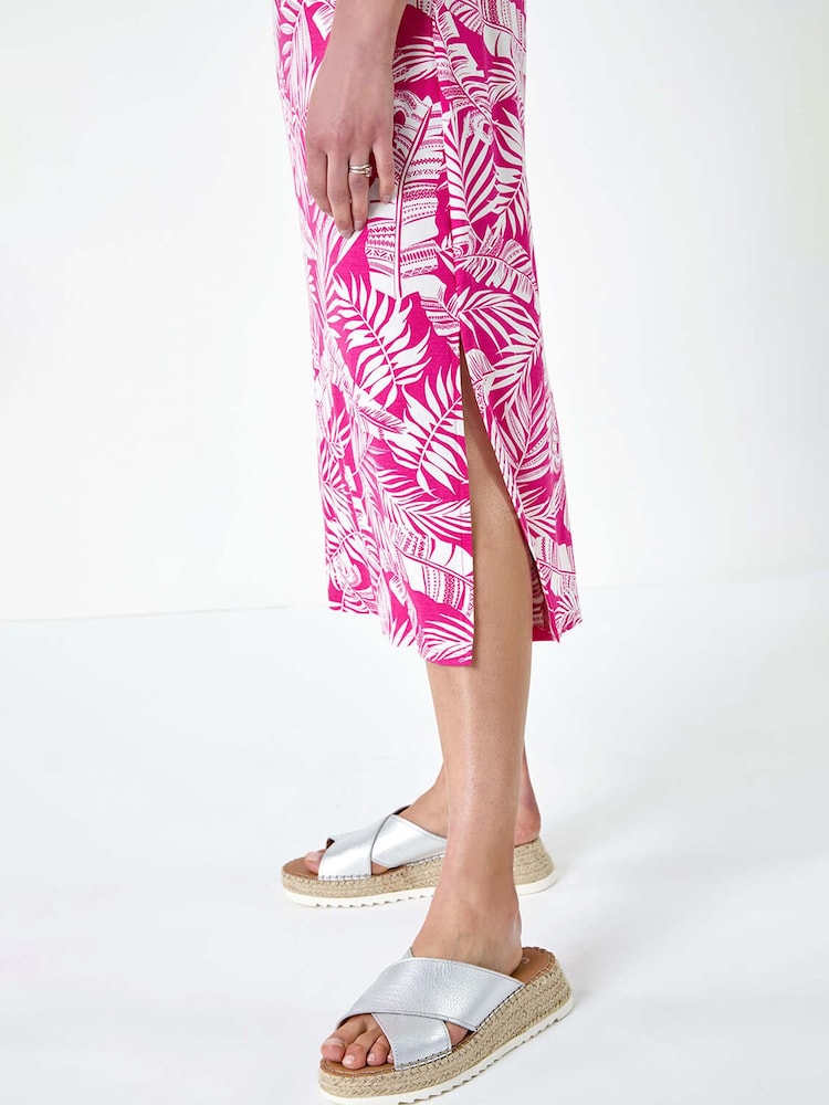 Roman Pink Leaf Print Stretch Midi Dress - Image 5 of 5