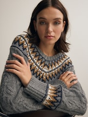 Grey Fair Isle Pattern V-Neck Cable Knit Jumper - Image 1 of 8