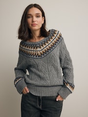 Grey Fair Isle Pattern V-Neck Cable Knit Jumper - Image 2 of 8