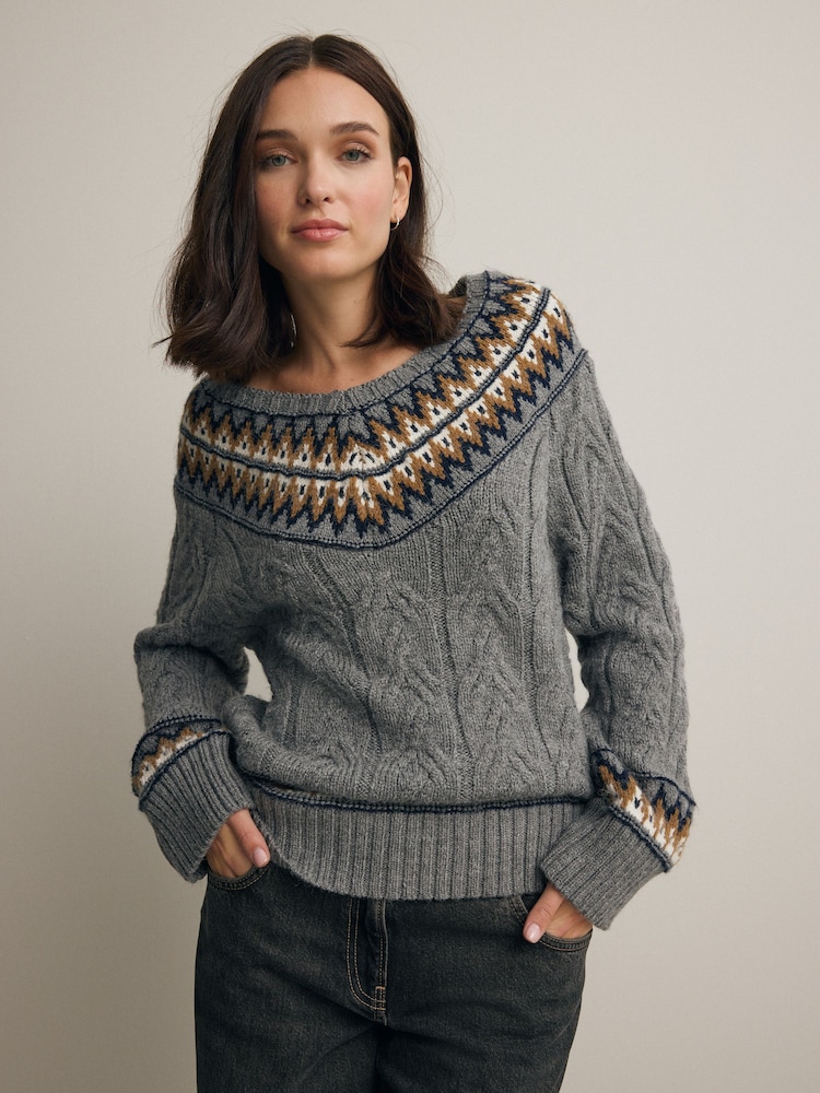 Grey Fair Isle Pattern V-Neck Cable Knit Jumper - Image 2 of 8