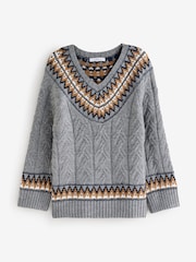 Grey Fair Isle Pattern V-Neck Cable Knit Jumper - Image 5 of 8