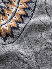 Grey Fair Isle Pattern V-Neck Cable Knit Jumper - Image 6 of 8