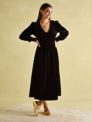 Joules Vanessa Black Velvet Shirred Dress - Image 1 of 6