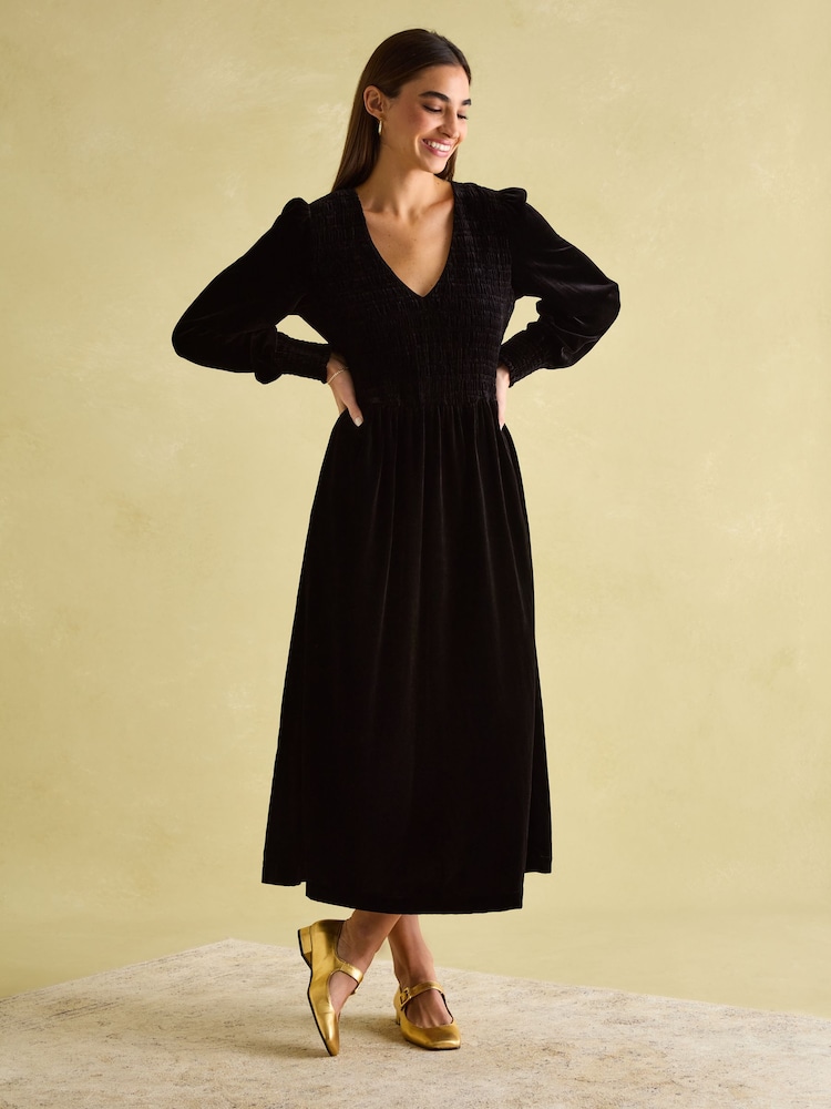 Joules Vanessa Black Velvet Shirred Dress - Image 1 of 6