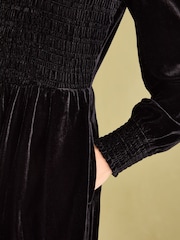 Joules Vanessa Black Velvet Shirred Dress - Image 4 of 6