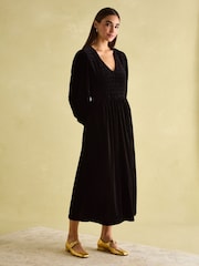 Joules Vanessa Black Velvet Shirred Dress - Image 5 of 6