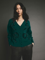 zelena Tinsel - božič vzorčast; z vzorcem Button Up Knitted pletena jopa - Slika 1 iz 8