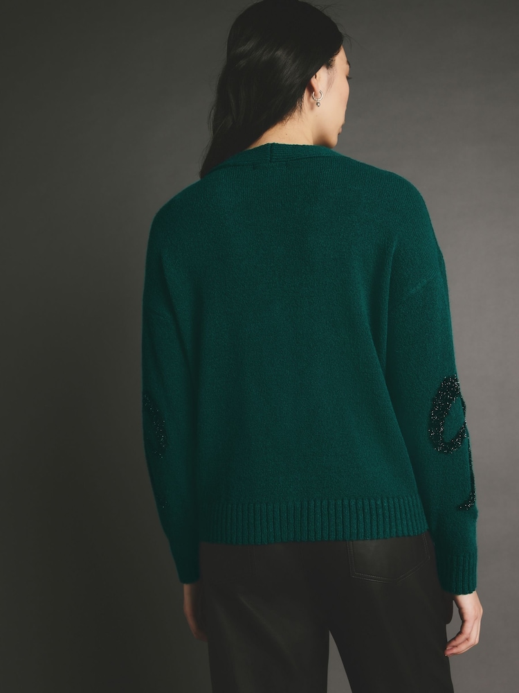 zelena Tinsel - božič vzorčast; z vzorcem Button Up Knitted pletena jopa - Slika 2 iz 8