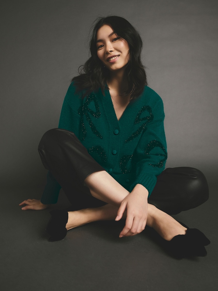 Green Tinsel Christmas Patterned Button Up Knitted Cardigan - Image 3 of 8