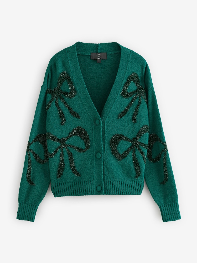 Green Tinsel Christmas Patterned Button Up Knitted Cardigan - Image 6 of 8