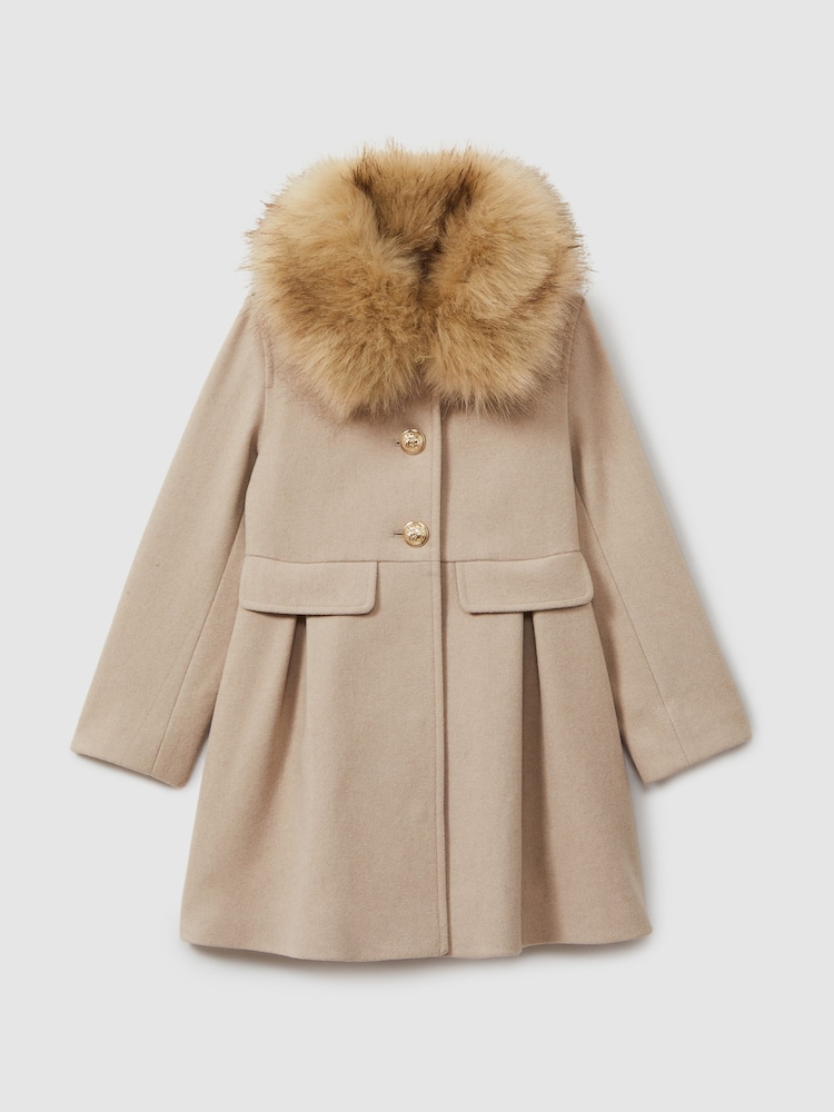 Reiss Oatmeal Nicole 4-9 yrs Faux Fur Collar Wool Blend Coat - Image 2 of 4