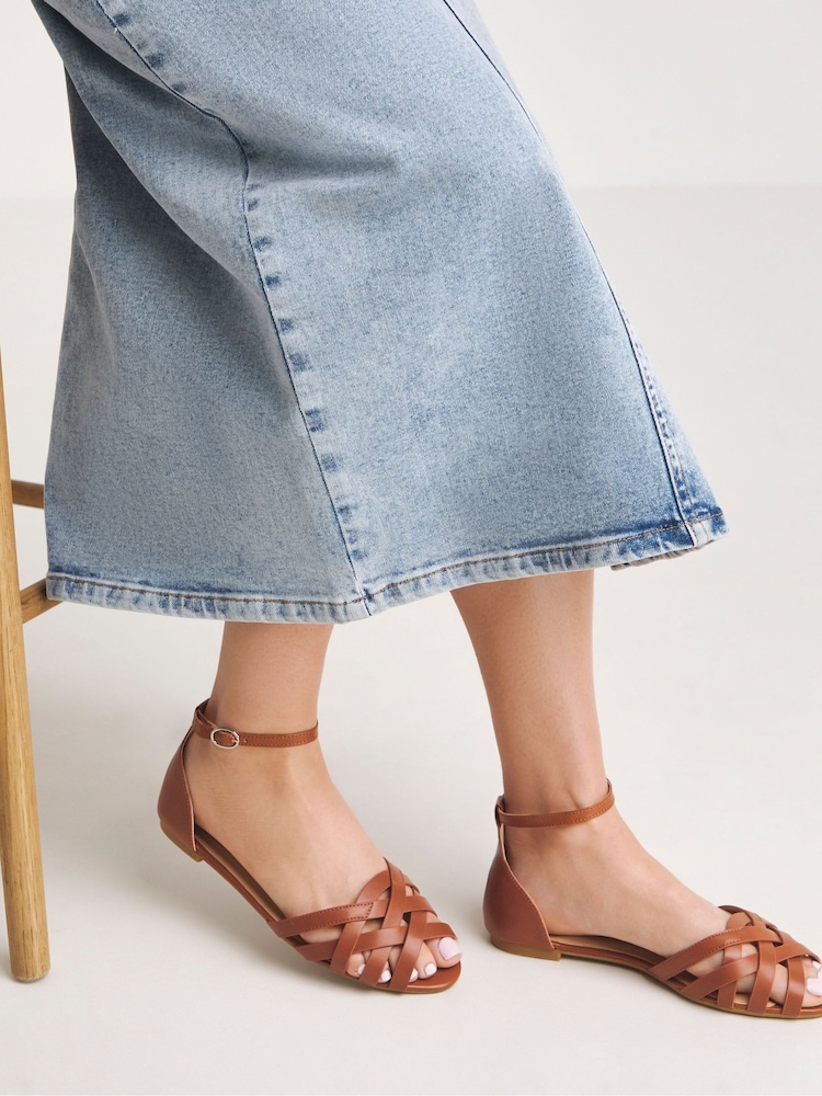 Simply Be Brown Extra Wide Fit Laser Cut Out Peep Toe Ballerinas - Image 1 of 4