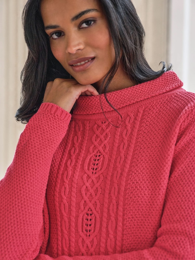 Pure Collection Red 100% Cotton Bardot Cable Sweater - Image 3 of 3
