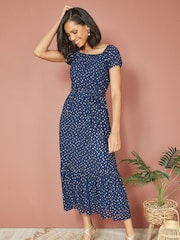Mela Blue Foil Print Bardot Midi Dress - Image 1 of 5
