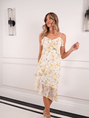 Sistaglam Cream Floral Frilled Assymetric Hem Midi Dress - Image 2 of 4