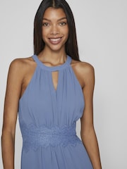 VILA Blue Halter Neck Tulle Fit And Flare Dress - Image 3 of 6