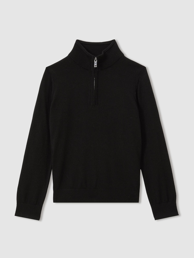 Reiss Black Blackhall 13-14 yrs Merino Wool Half-Zip Funnel Neck Jumper - Image 1 of 4