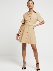 River Island Beige Belted Mini Shirt Dress - Image 1 of 4