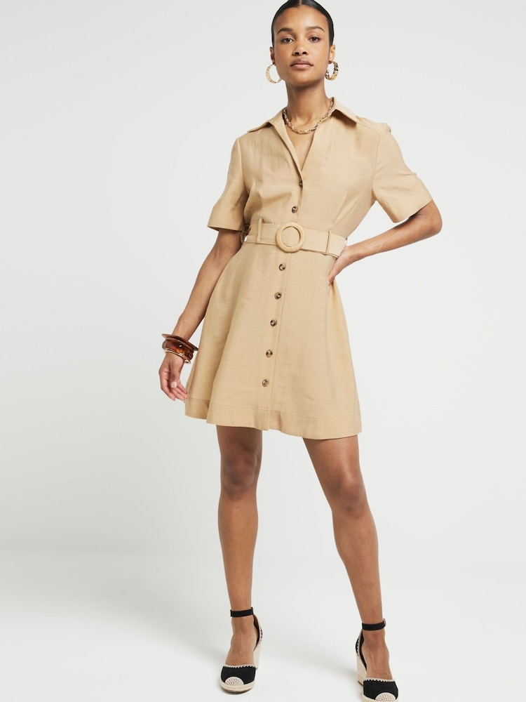 River Island Beige Belted Mini Shirt Dress - Image 1 of 4