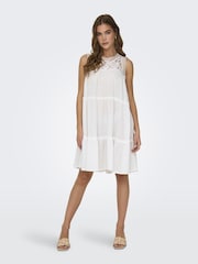 JDY White 100% Cotton Crochet Trim Sleeveless Tiered Mini Dress - Image 1 of 4