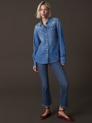 Blue Embroidered Seam Detail Fitted Denim Western 100% Cotton Shirt - Image 2 of 8