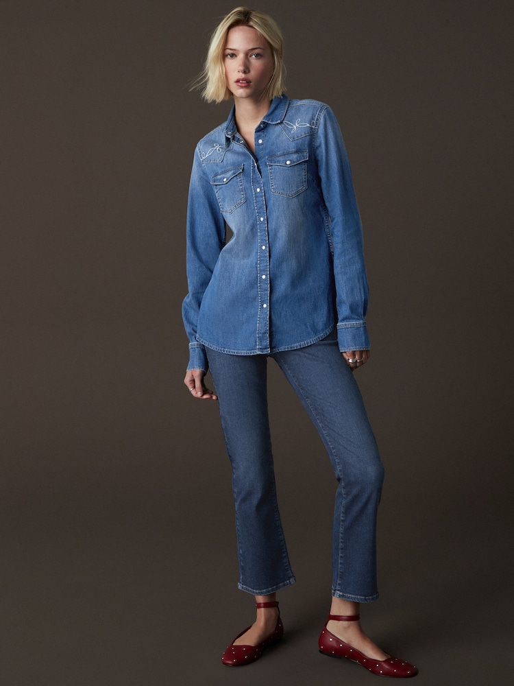 Blue Embroidered Seam Detail Fitted Denim Western 100% Cotton Shirt - Image 2 of 8