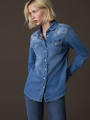 Blue Embroidered Seam Detail Fitted Denim Western 100% Cotton Shirt - Image 3 of 8