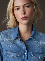 Blue Embroidered Seam Detail Fitted Denim Western 100% Cotton Shirt - Image 5 of 8