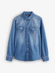 Blue Embroidered Seam Detail Fitted Denim Western 100% Cotton Shirt - Image 6 of 8