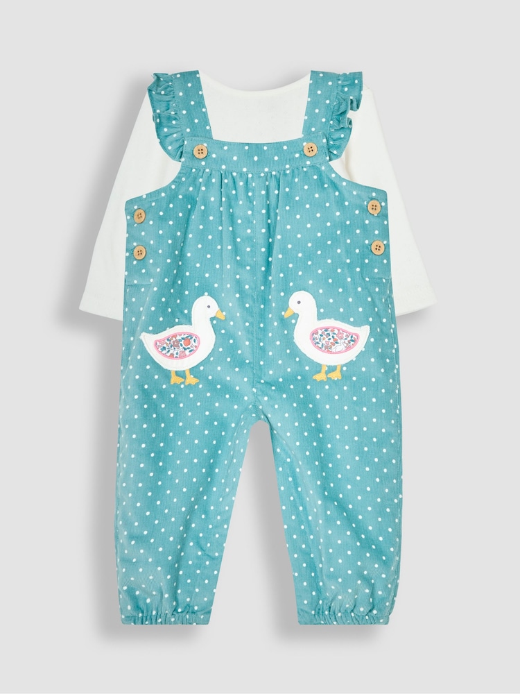 JoJo Maman Bébé Duck Egg Blue Duck Appliqué Cord Dungarees & Top Set - Image 1 of 6