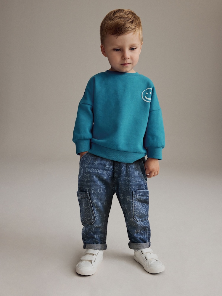 Mid Blue Graffiti 100% Cotton Laser Print Jeans (3mths-7yrs) - Image 2 of 7