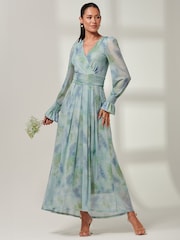 Jolie Moi Tie Dye Blue Greta Long Sleeve Mesh Maxi Dress - Image 1 of 6